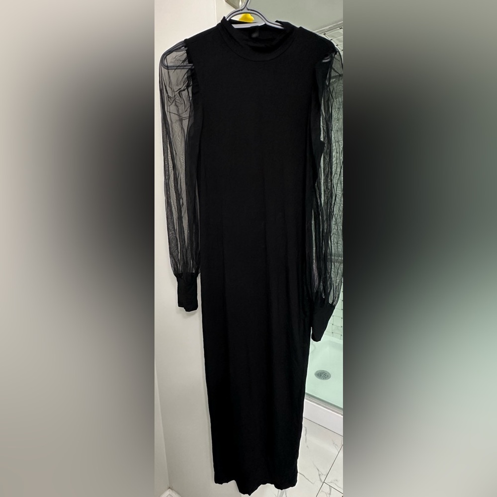 Mock Neck Contrast Mesh Lantern Sleeve Split Hem Dress